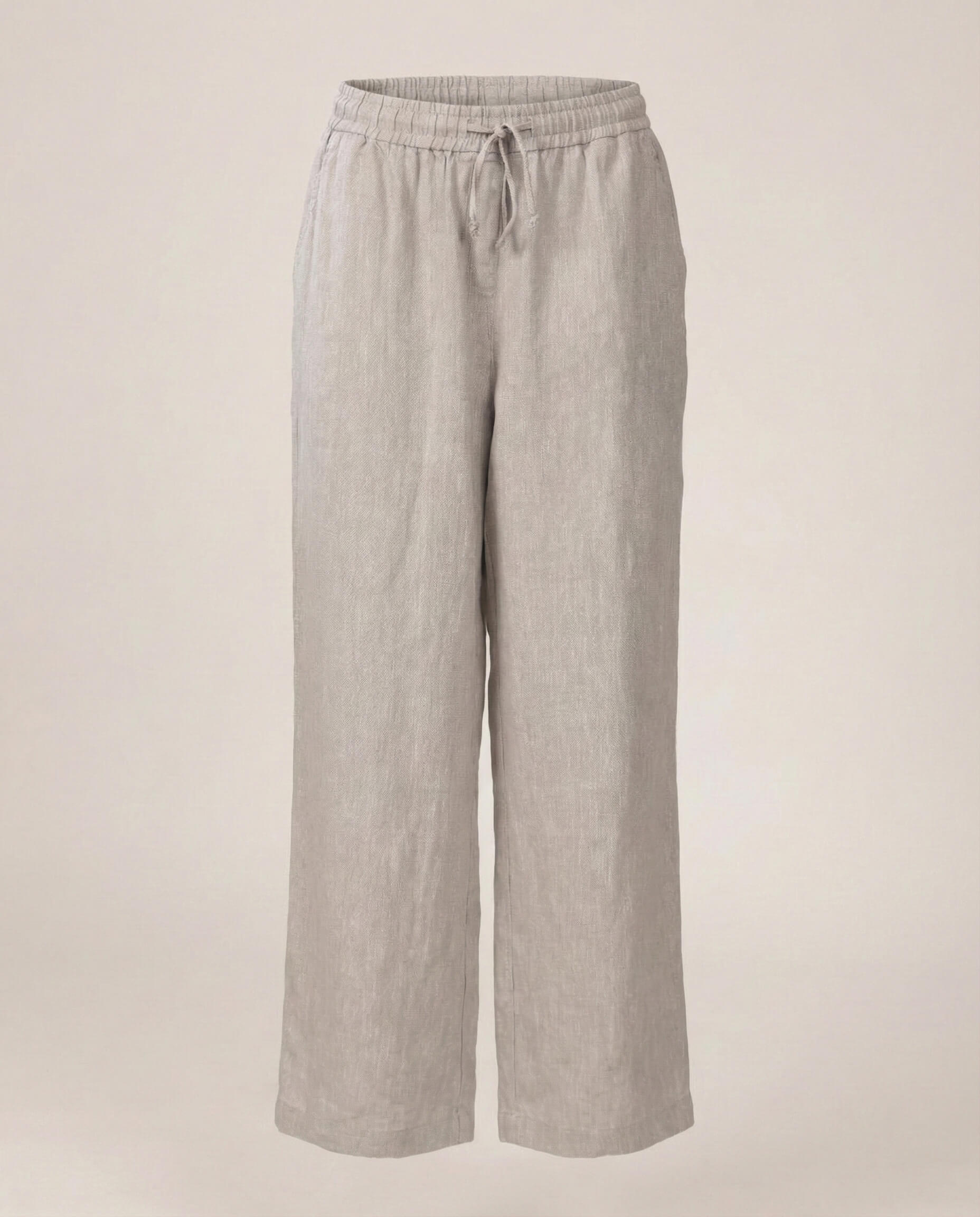 Light grey linen wide-leg pants with elastic waistband and drawstring, casual style.