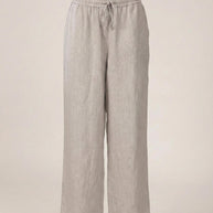 Light grey linen wide-leg pants with elastic waistband and drawstring, casual style.