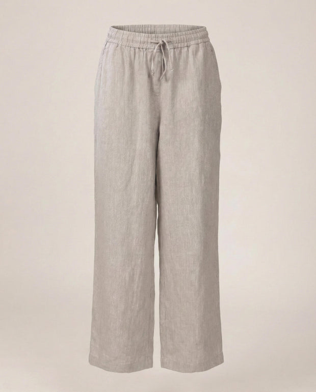 Light grey linen wide-leg pants with elastic waistband and drawstring, casual style.