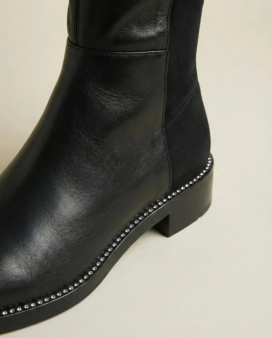 Black leather and suede boot with silver studded trim on low block heel