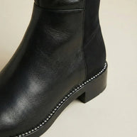Black leather and suede boot with silver studded trim on low block heel