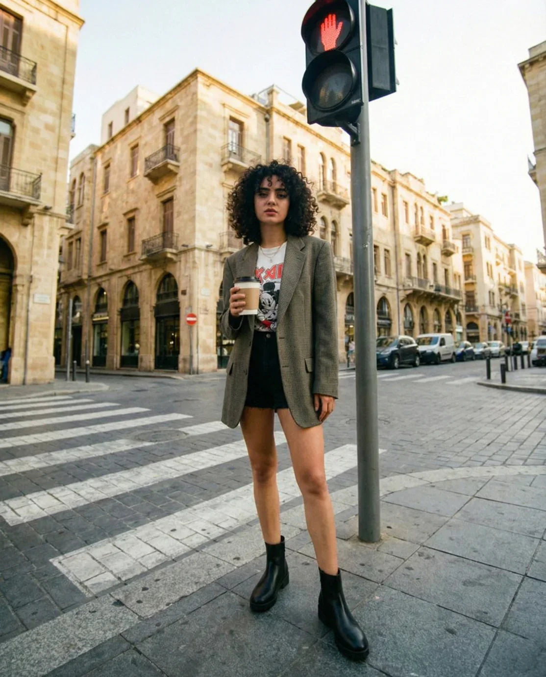 Woman in a blazer, graphic tee, black boots, and shorts holding coffee on a city street crosswalk
