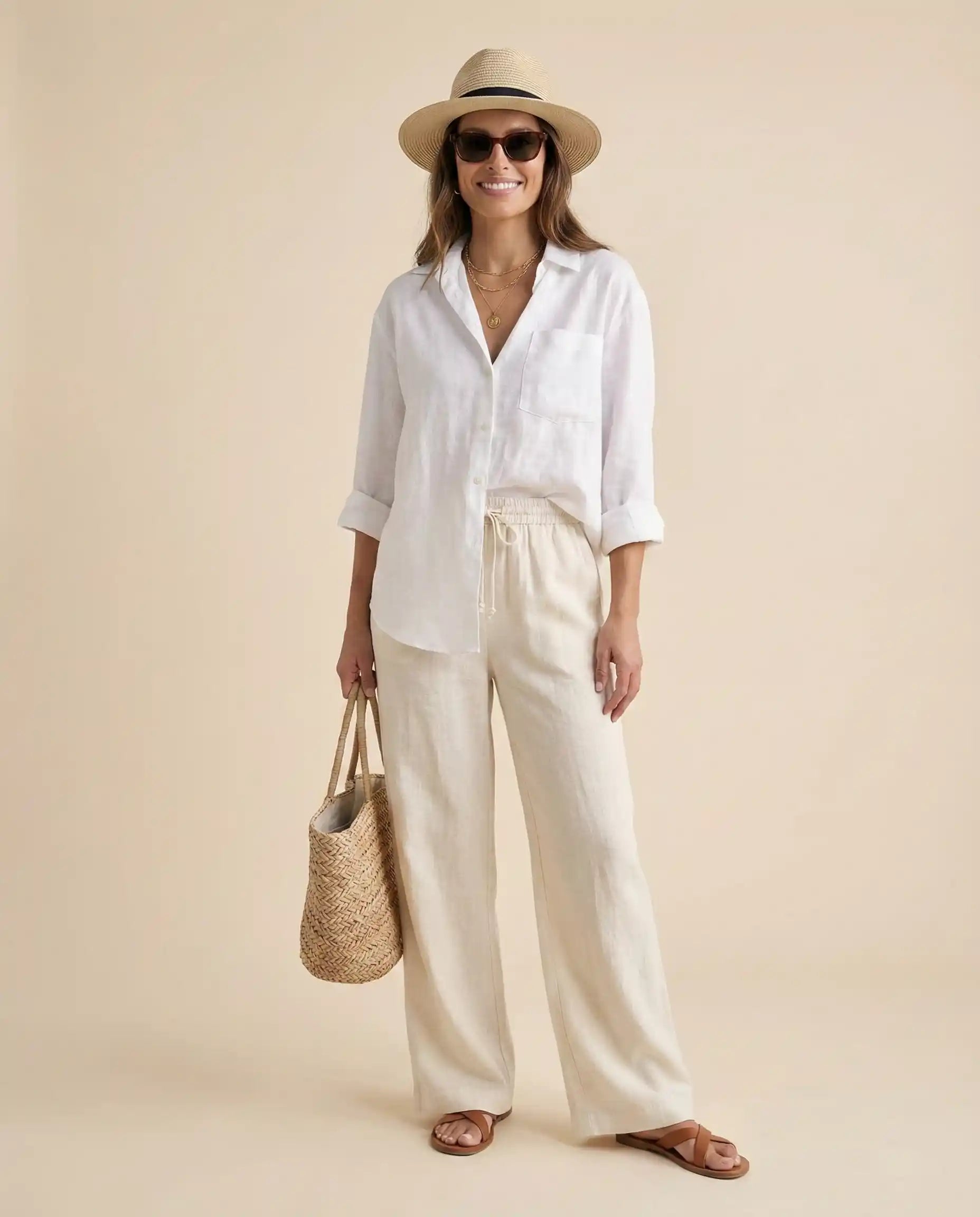 Woman in white linen shirt and beige pants, straw hat, sandals, and woven tote bag