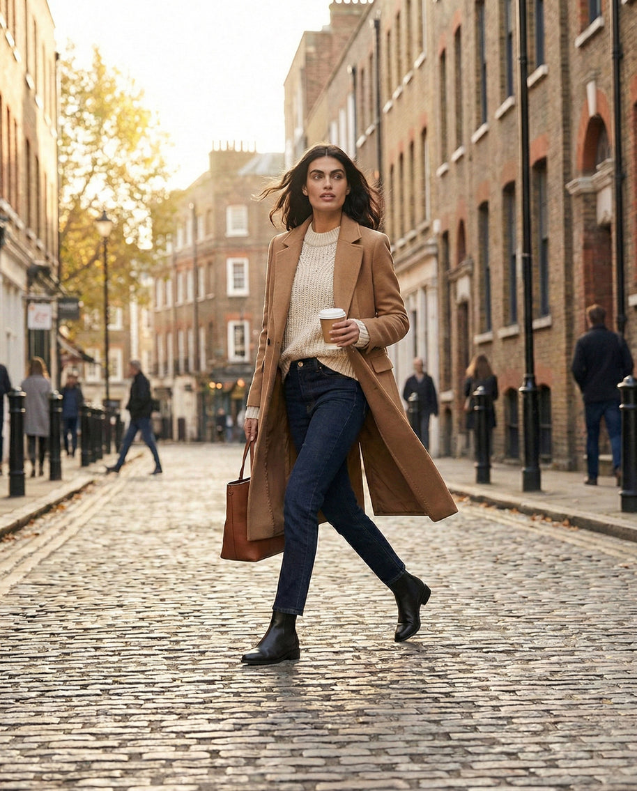 Woman in stylish fall outfit with tan coat, jeans, and boots walking on a cobblestone street