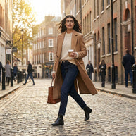 Woman in stylish fall outfit with tan coat, jeans, and boots walking on a cobblestone street