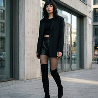 Woman in black blazer, crop top, leather shorts, sheer tights, and over-the-knee boots walking in city