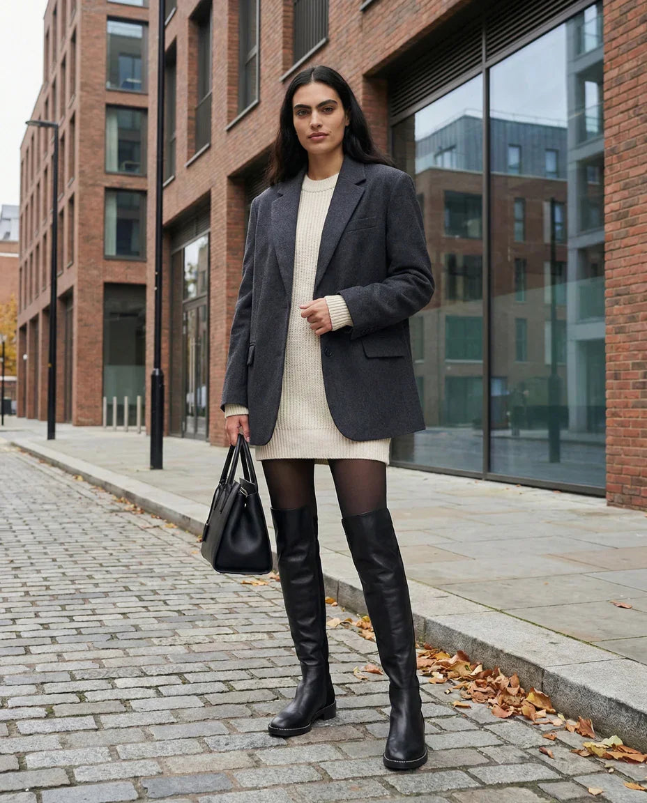Woman wearing black blazer, knit sweater dress, over-the-knee boots, and holding handbag on city street