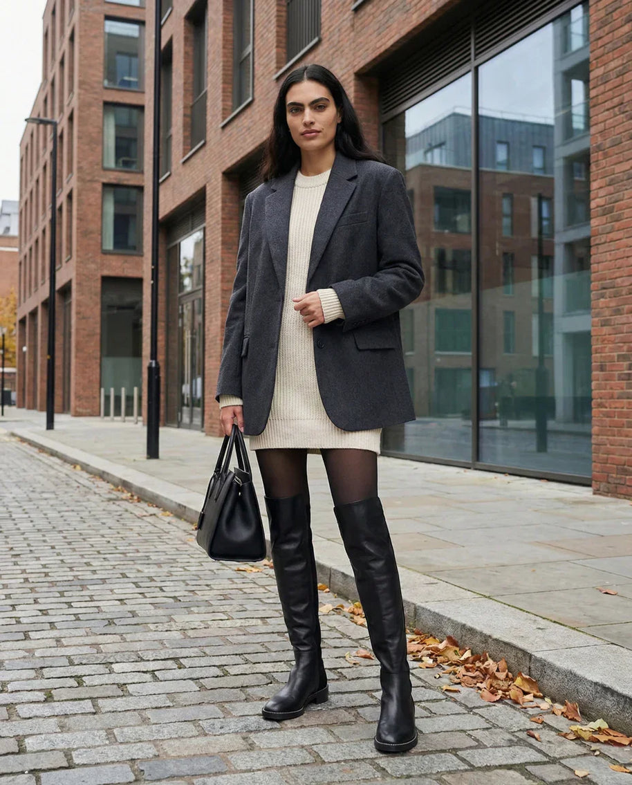 Woman wearing black blazer, knit sweater dress, over-the-knee boots, and holding handbag on city street