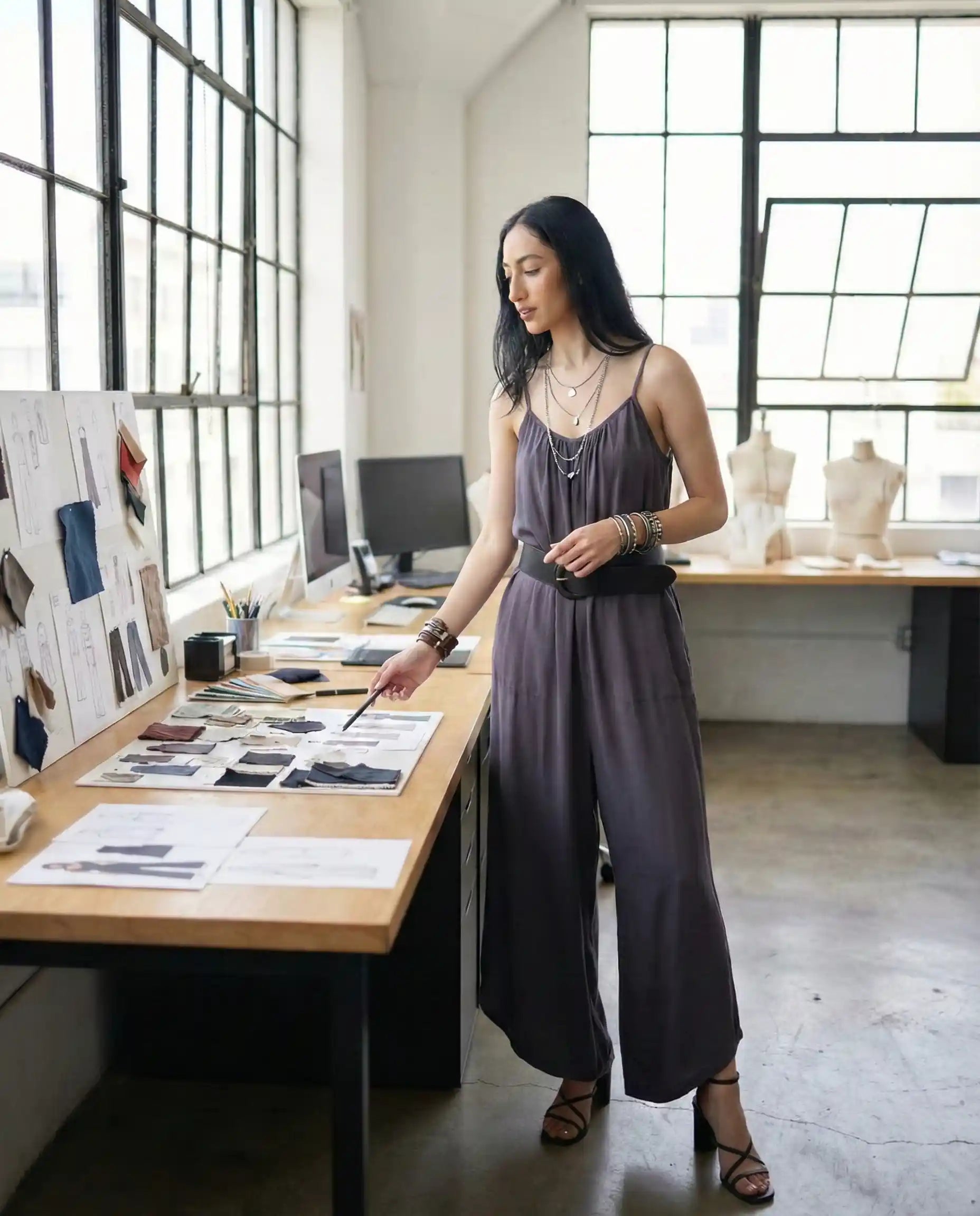 Fashion designer in studio reviewing fabric samples and sketches on a desk