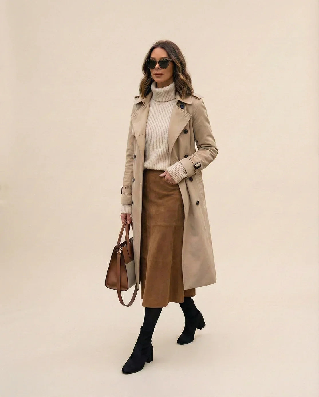 Woman in beige trench coat, cream turtleneck, brown skirt, black boots, holding tote bag