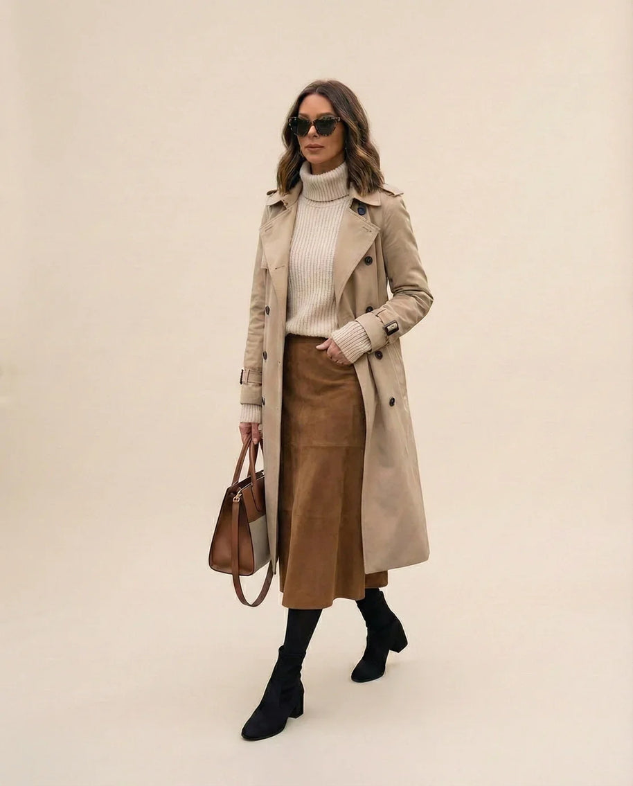 Woman in beige trench coat, cream turtleneck, brown skirt, black boots, holding tote bag
