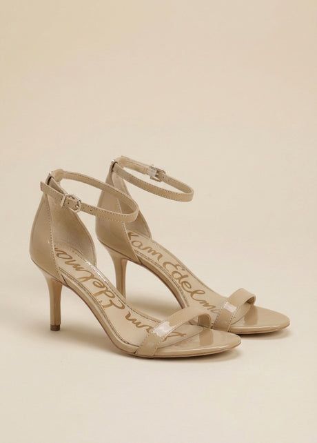 Beige patent leather ankle strap high heel sandals with open toe design