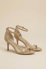 Beige patent leather ankle strap high heel sandals with open toe design