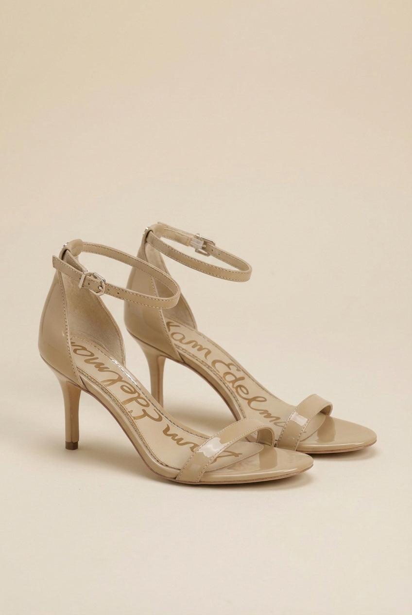Beige patent leather ankle strap high heel sandals with open toe design