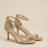 Beige patent leather ankle strap high heel sandals with open toe design