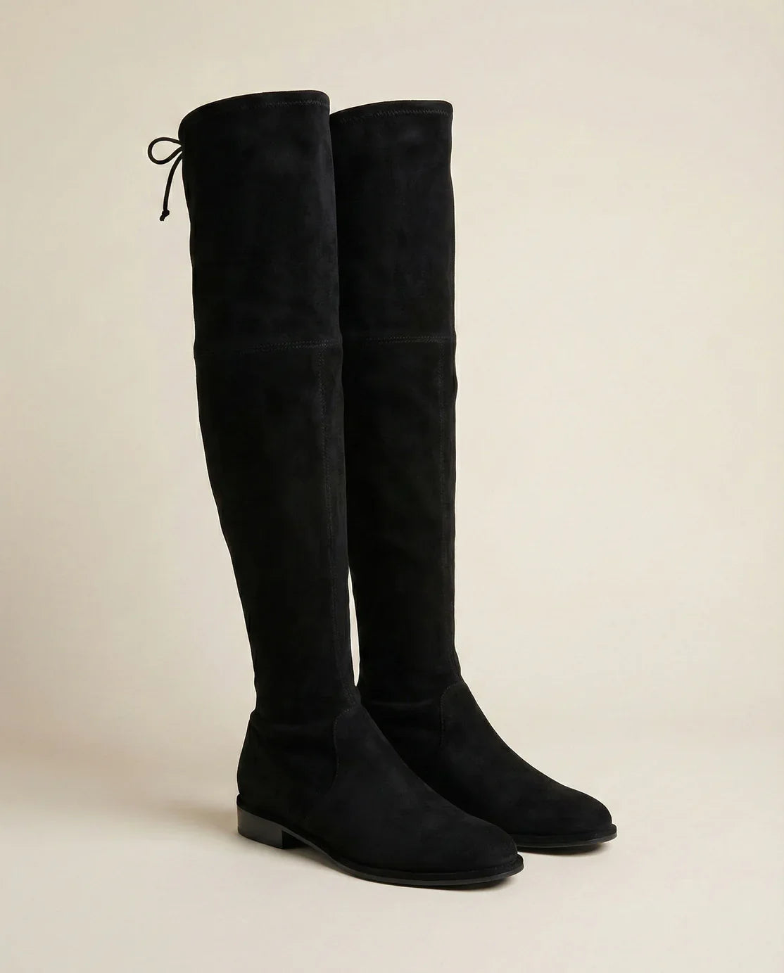 Black suede over-the-knee boots with low heels and back tie, fashion footwear