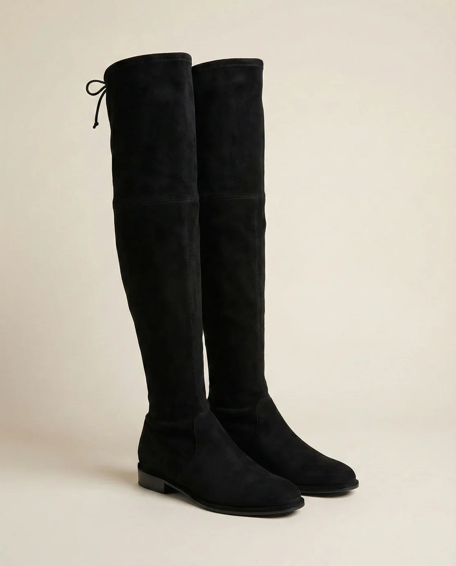 Black suede over-the-knee boots with low heels and back tie, fashion footwear