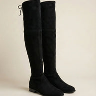 Black suede over-the-knee boots with low heels and back tie, fashion footwear