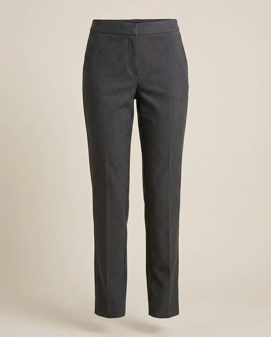 Classic straight-leg dark grey dress pants with tailored fit on beige background