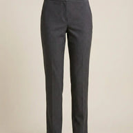 Classic straight-leg dark grey dress pants with tailored fit on beige background