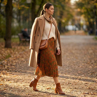 Woman in fall fashion with camel coat, knit sweater, pleated skirt, and ankle boots walking outdoors