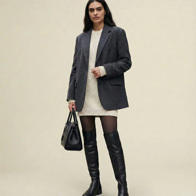 Sweater dress with blazer and knee high boots