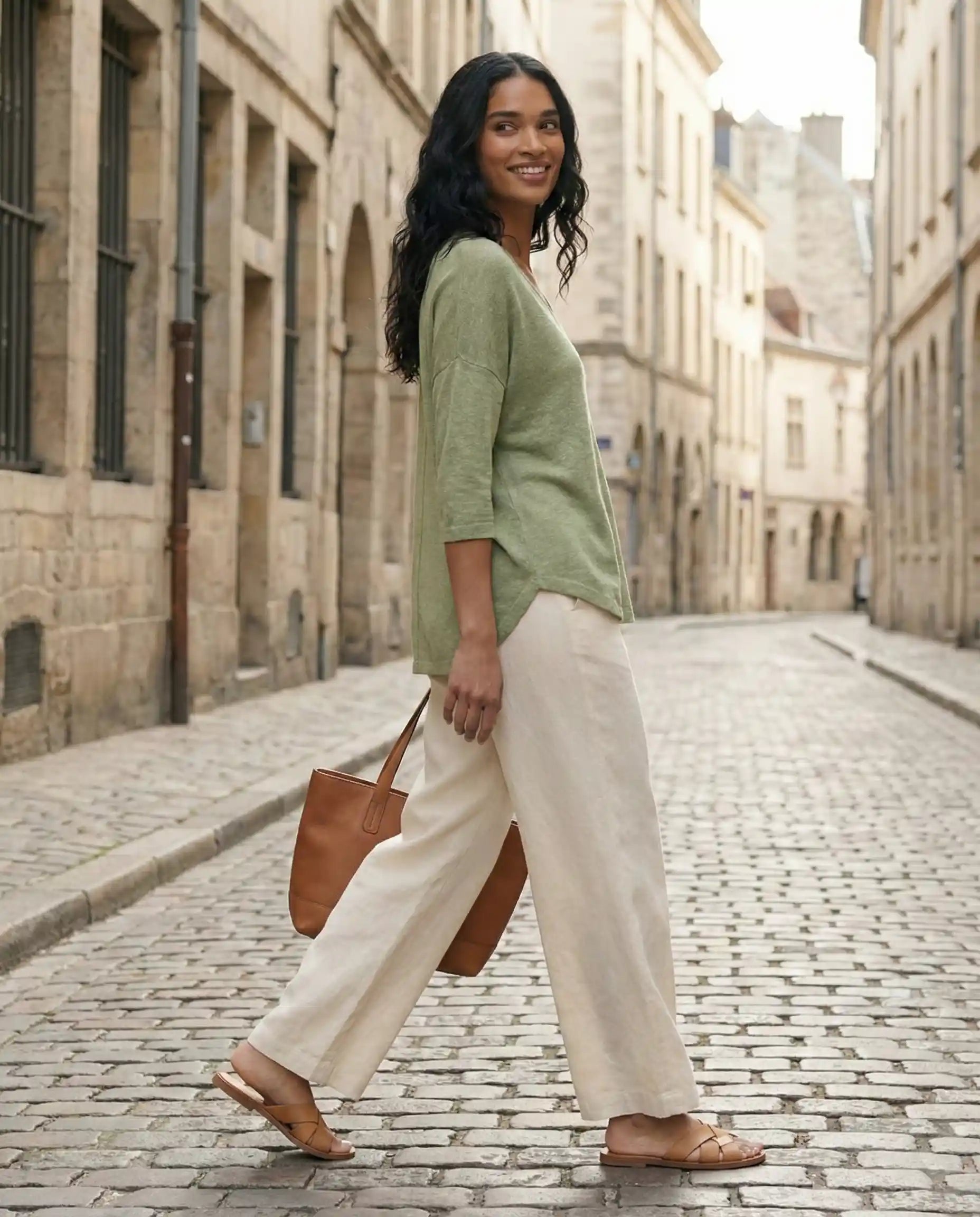 Woman in green top and beige wide-leg pants walking on a cobblestone street with a brown tote