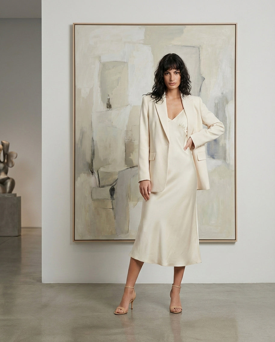 Woman in cream blazer and satin slip dress posing in modern minimalist room with abstract art