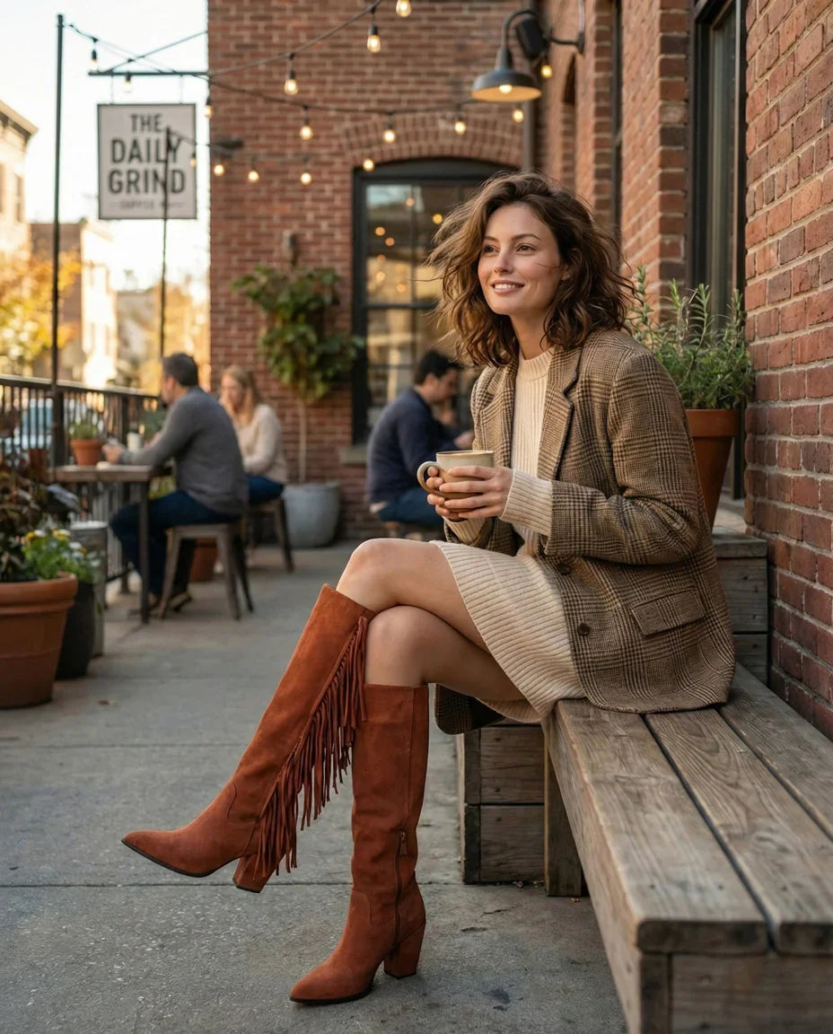 Woman in a plaid blazer and fringe suede boots enjoying coffee outside a brick cafe