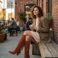 Woman in a plaid blazer and fringe suede boots enjoying coffee outside a brick cafe