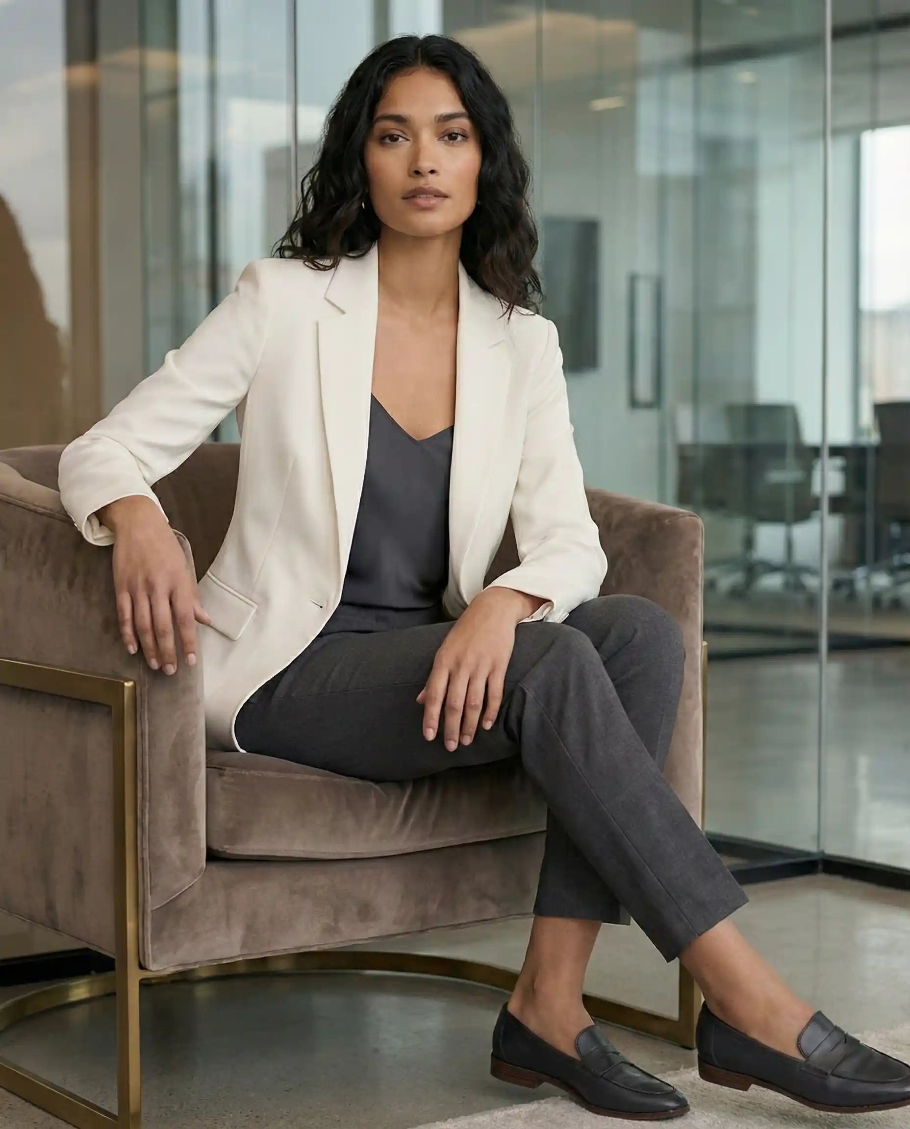 Woman in white blazer, charcoal pants, and loafers sitting in a modern office chair