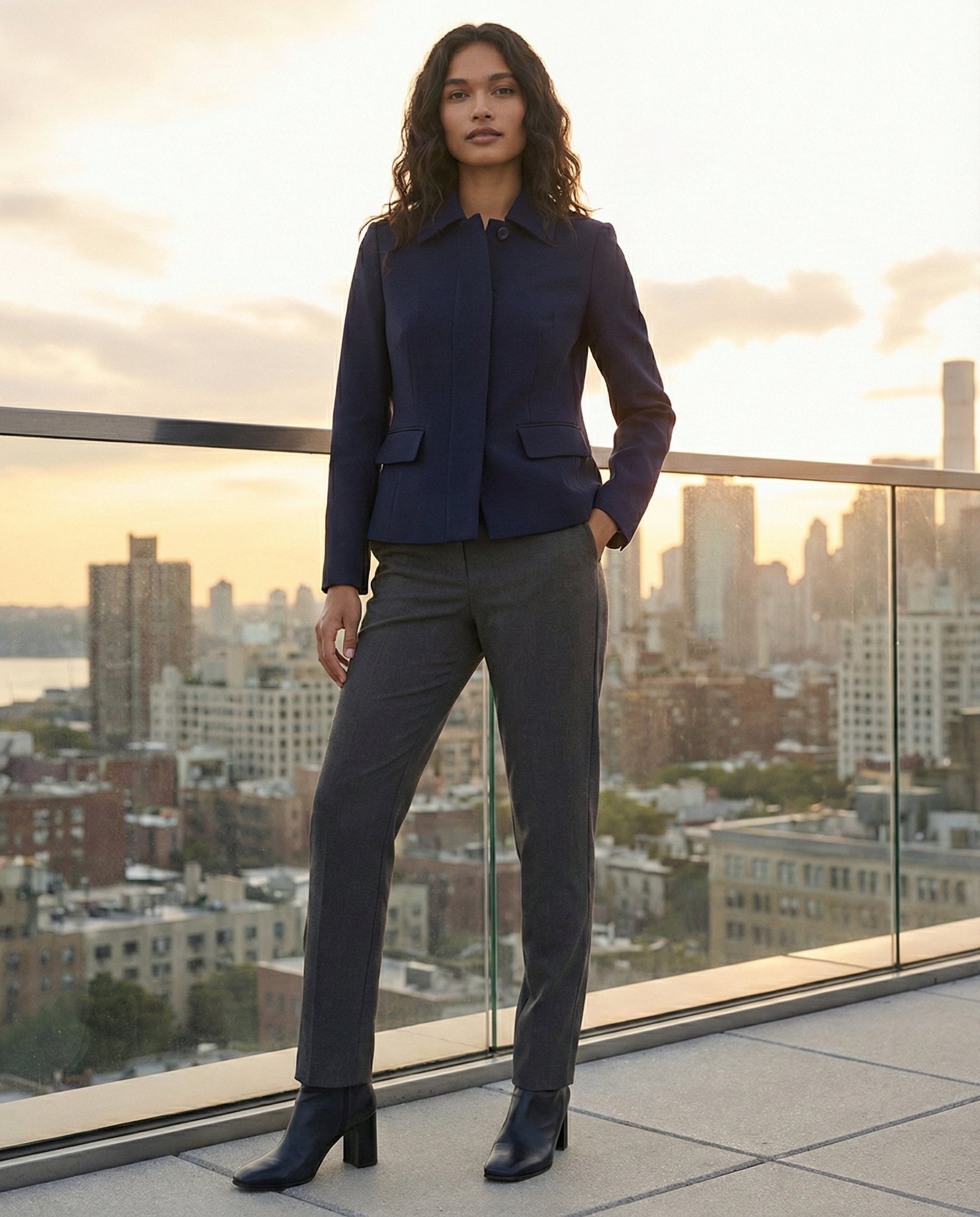 Woman in navy blazer and gray trousers on rooftop at sunset, city skyline background