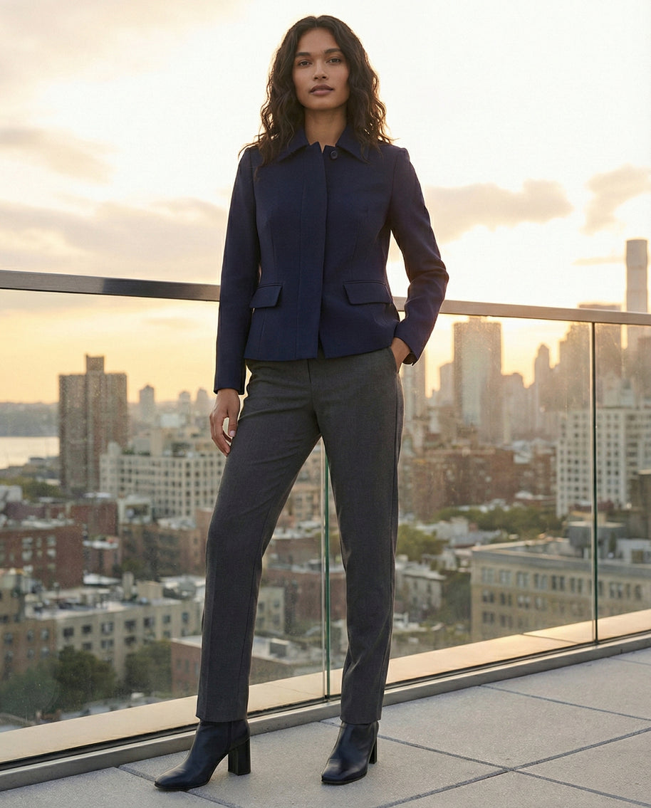 Woman in navy blazer and gray trousers on rooftop at sunset, city skyline background