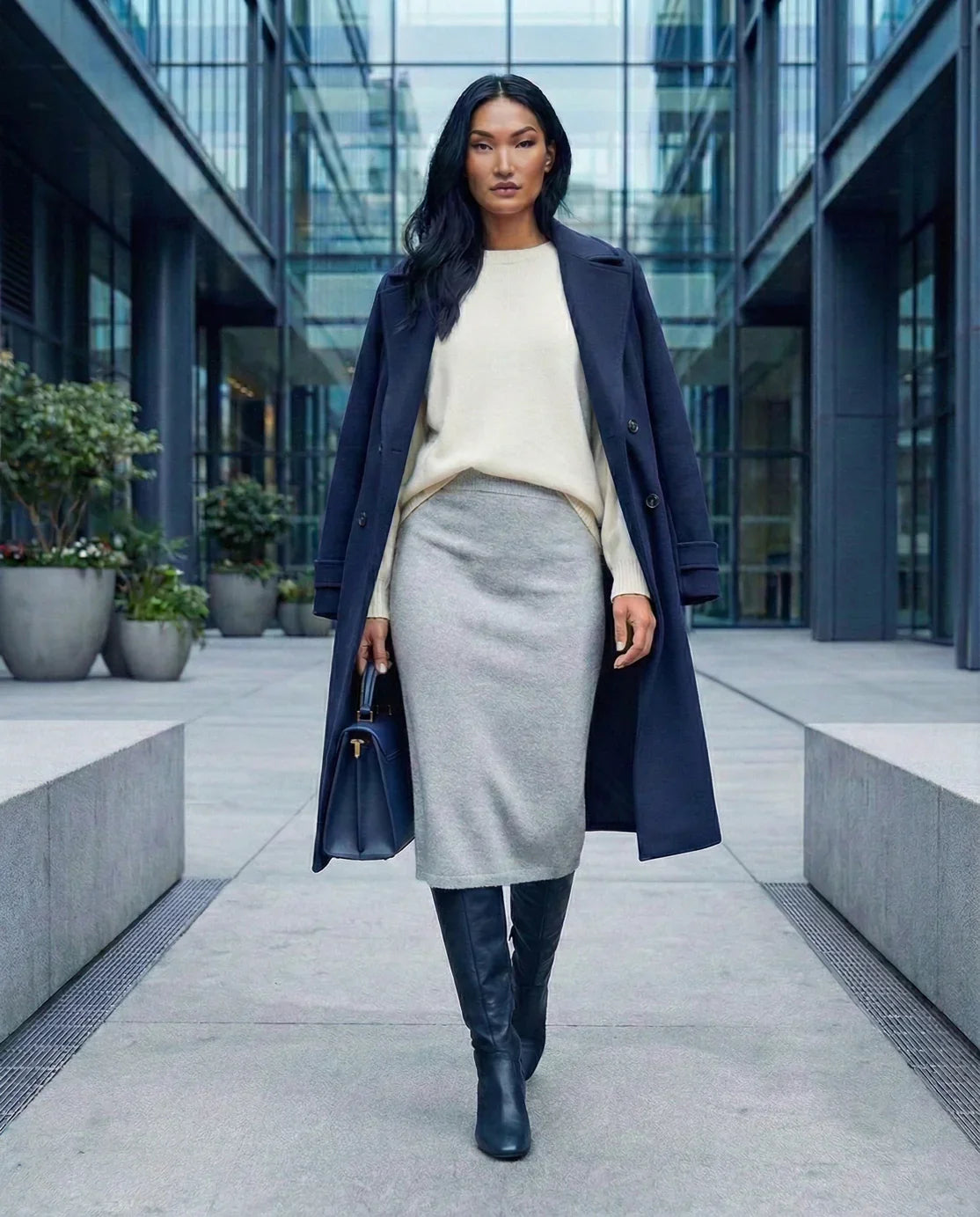 Woman in navy coat, cream sweater, grey skirt, and boots walking in modern city plaza