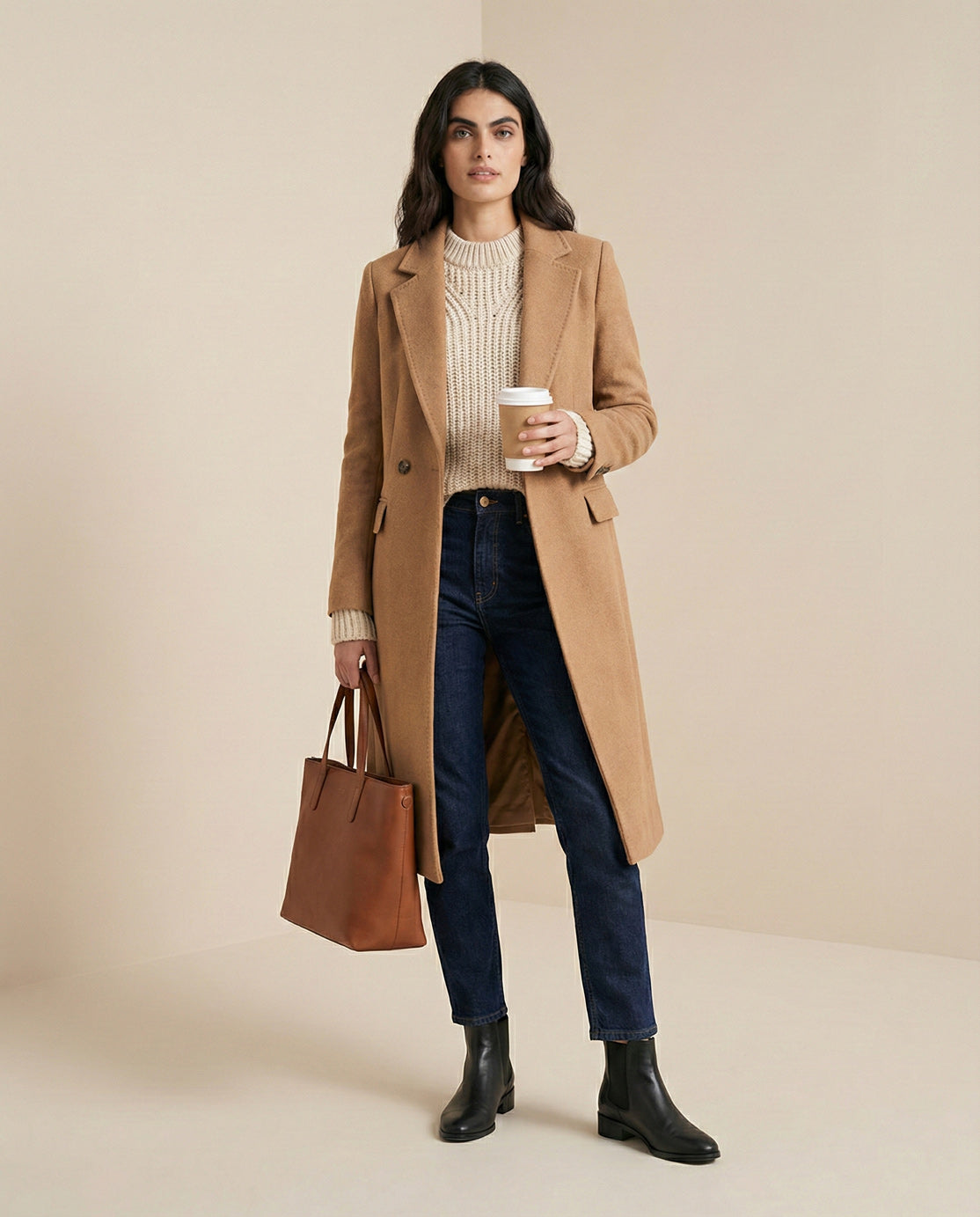 Woman wearing a camel wool coat, cream sweater, jeans, black boots, holding brown tote bag.