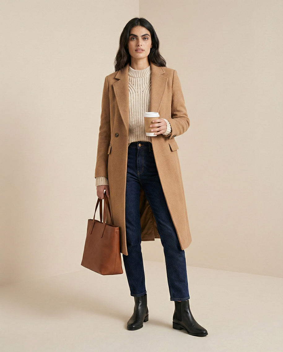 Woman wearing a camel wool coat, cream sweater, jeans, black boots, holding brown tote bag.