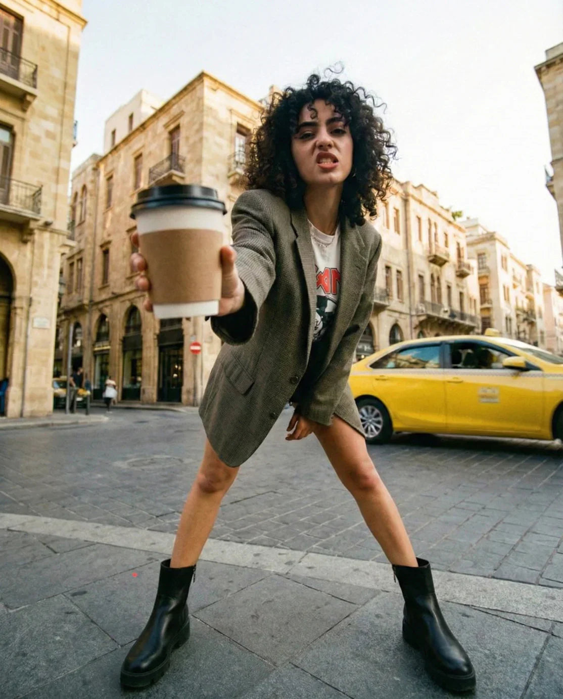 Woman in blazer and boots holding coffee cup on urban street with historic buildings and taxi