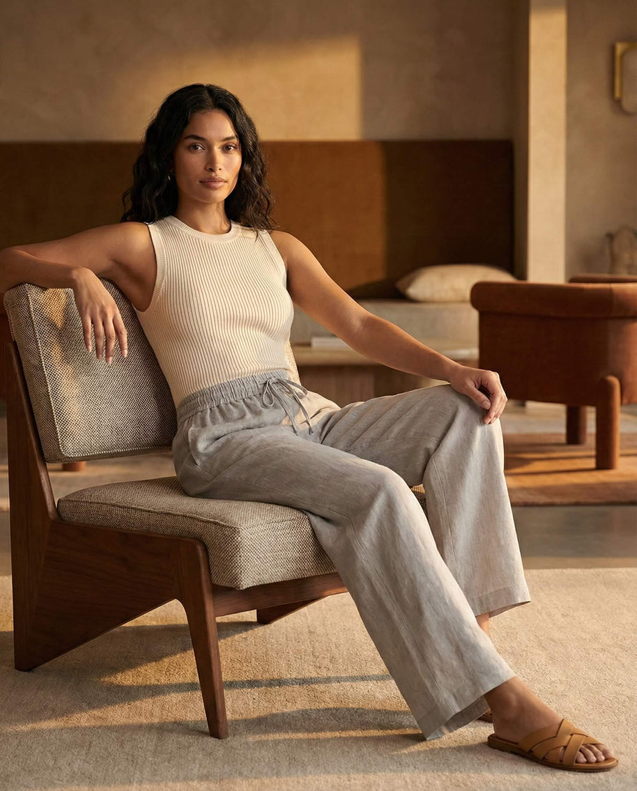 Woman in a sleeveless ribbed top and linen pants sitting on a modern accent chair indoors