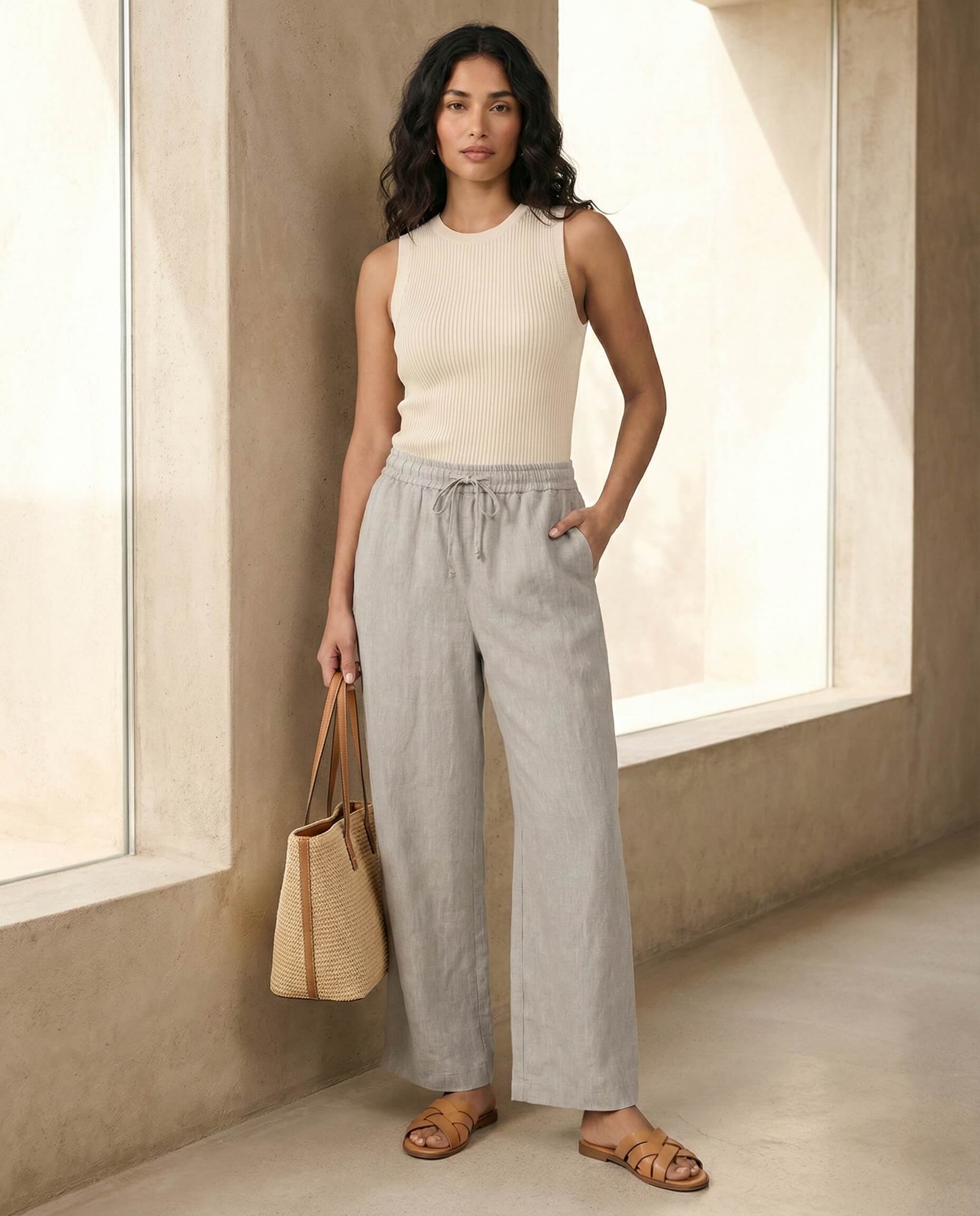 Woman in beige sleeveless ribbed top, gray wide-leg pants, straw tote, and sandals