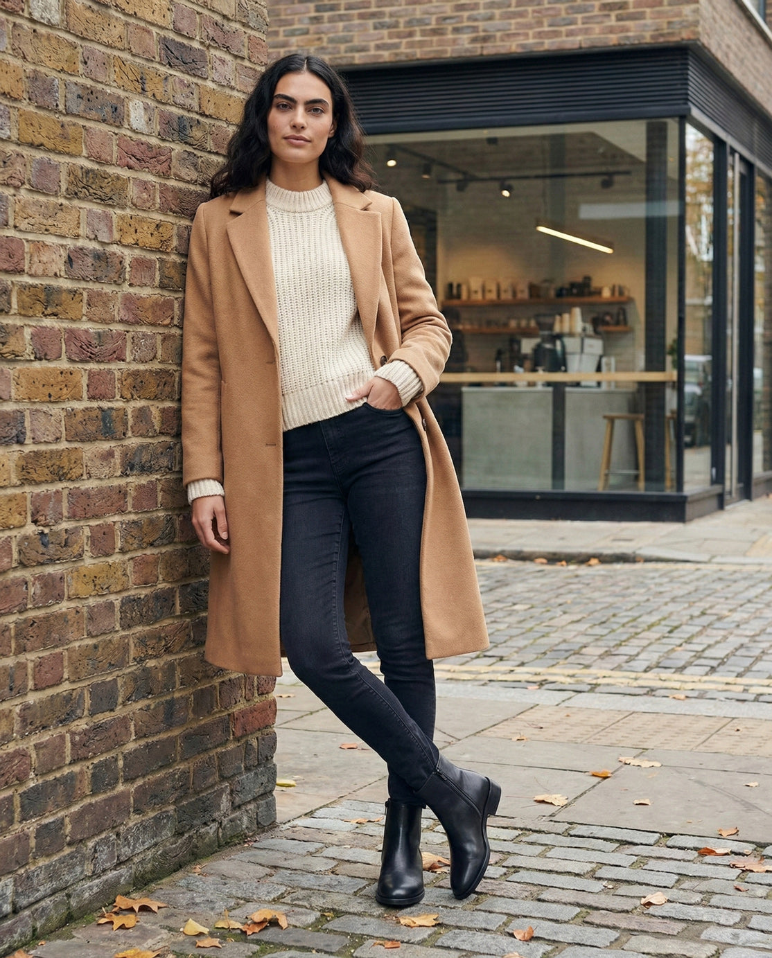 Woman in camel coat, cream sweater, black jeans, and ankle boots standing on city street