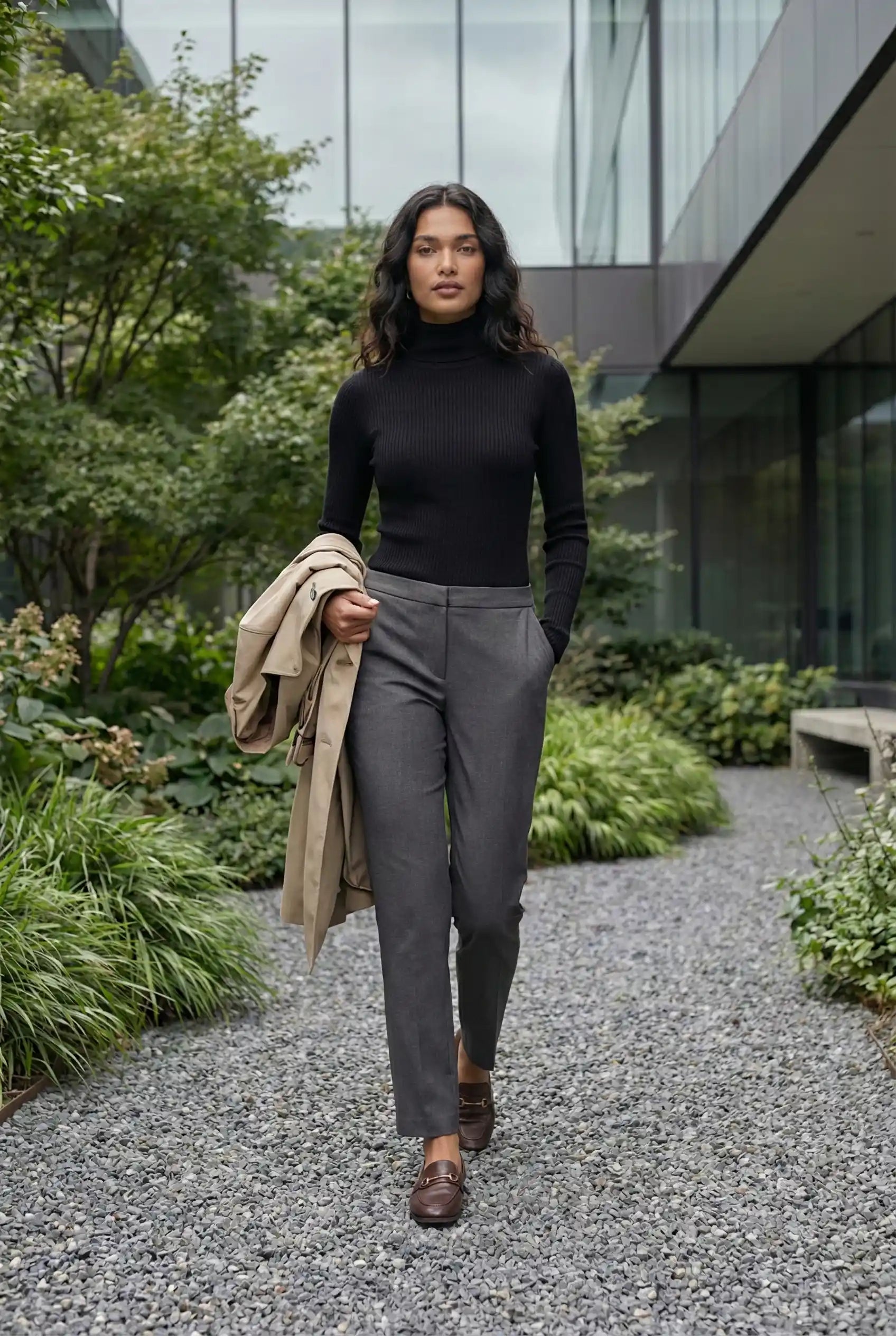 Woman in black turtleneck and gray trousers walking outdoors in modern garden setting