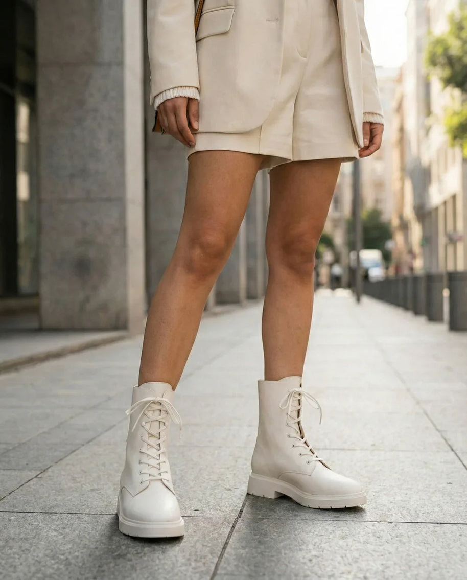 Woman wearing cream lace-up combat boots and matching shorts suit on city sidewalk