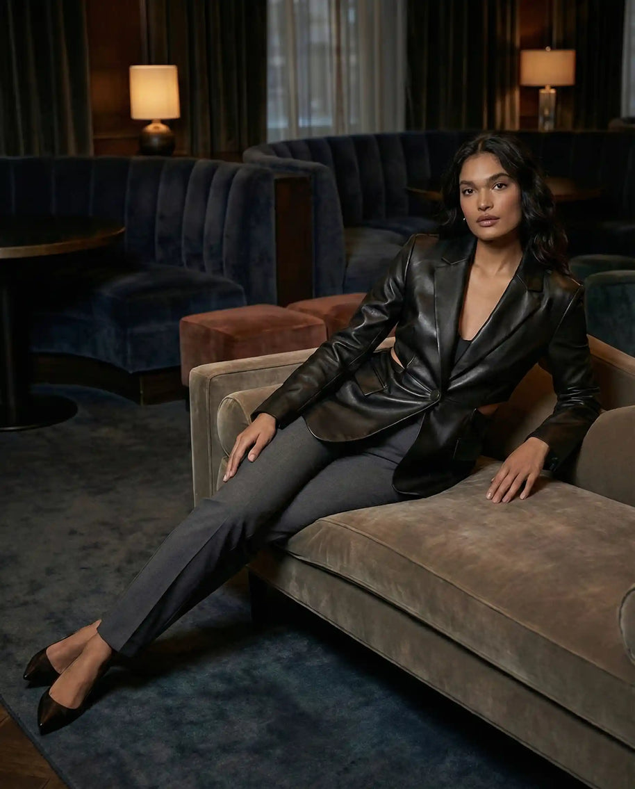 Woman in black leather blazer and gray pants lounging on a velvet sofa in a stylish lounge