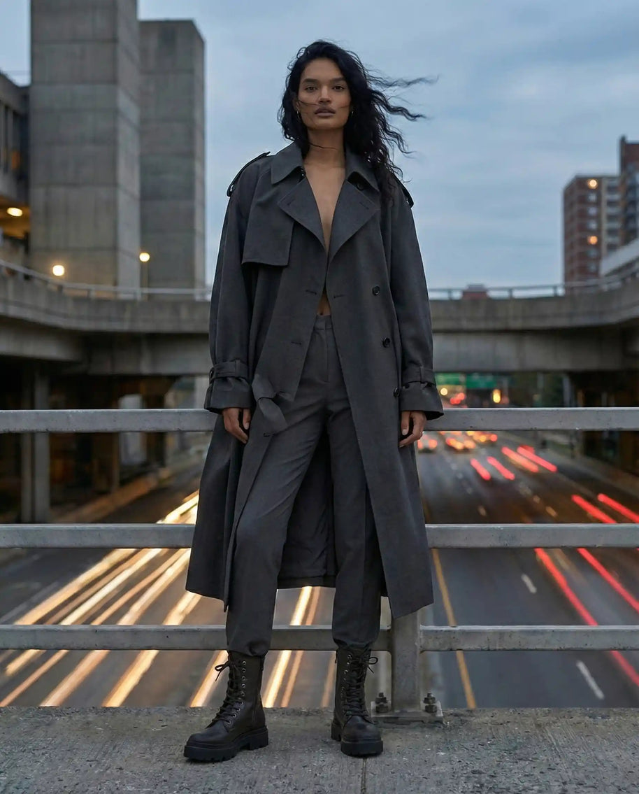 Woman wearing gray trench coat and boots standing on city overpass at dusk