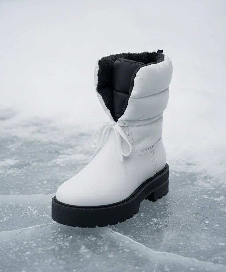 White winter boot with black sole and padded lining on icy surface, insulated snow footwear