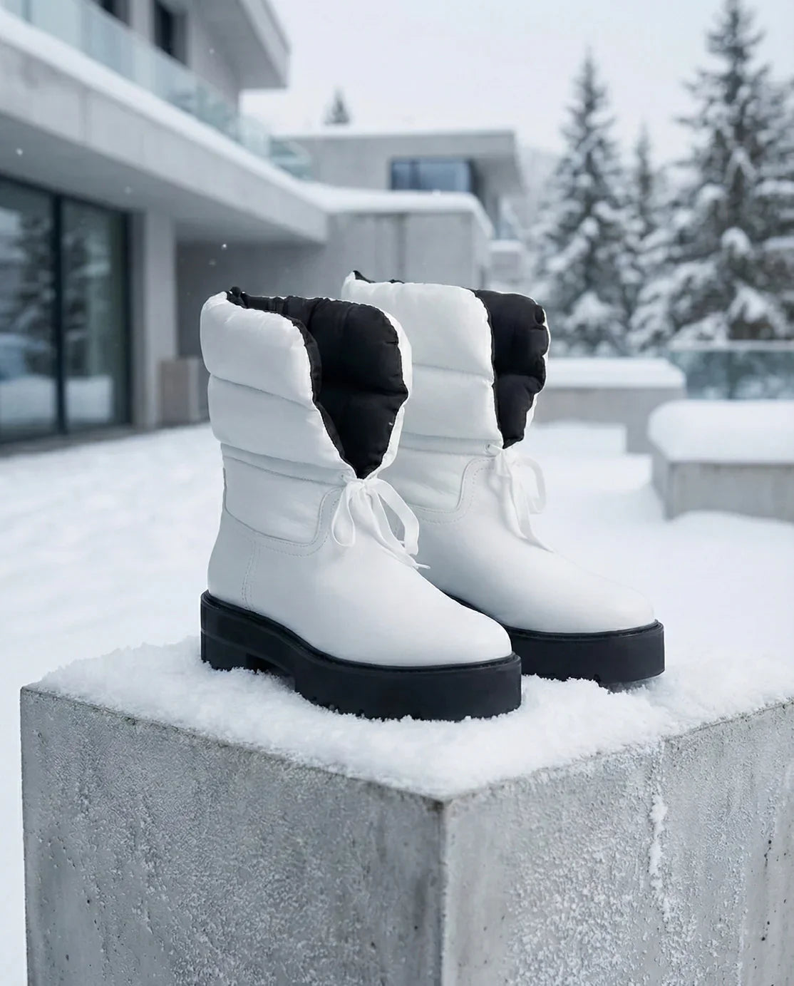 Pair of white winter boots with black soles displayed outdoors on snowy concrete