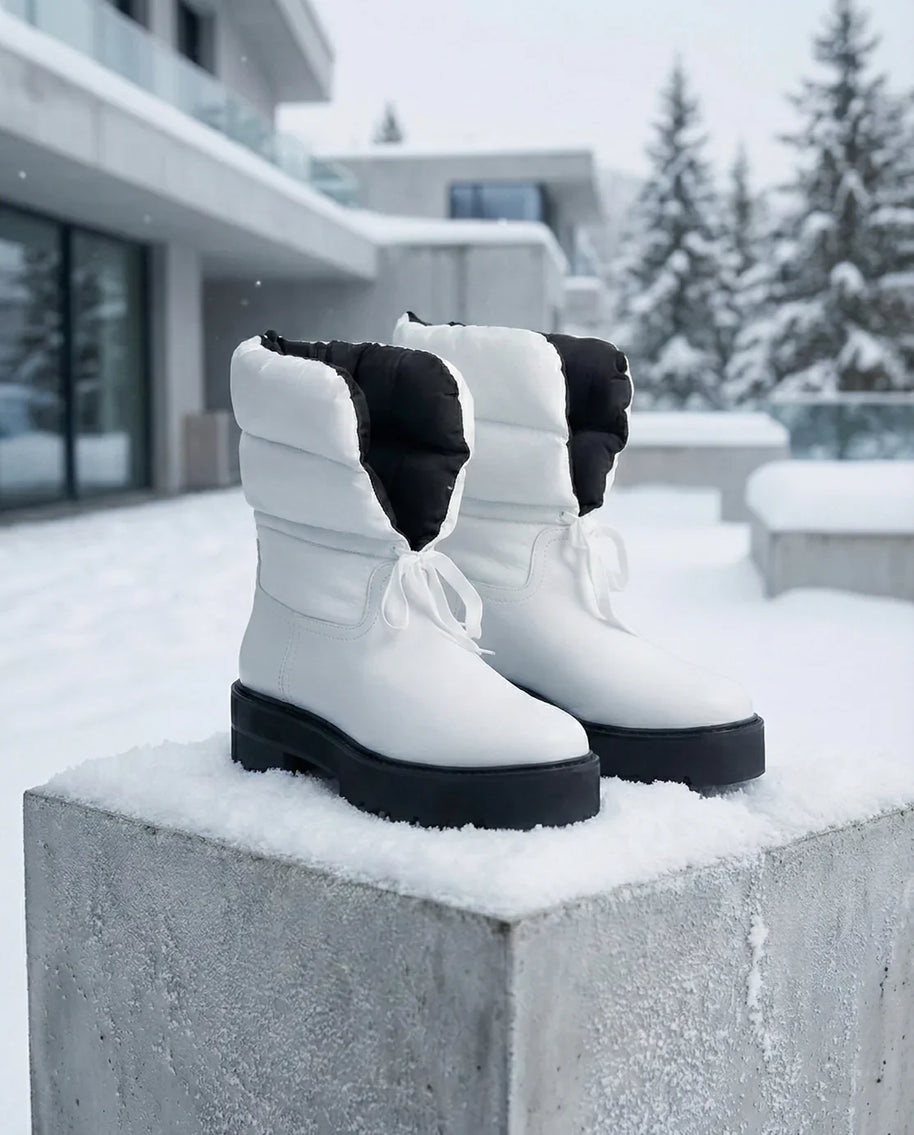 Pair of white winter boots with black soles displayed outdoors on snowy concrete