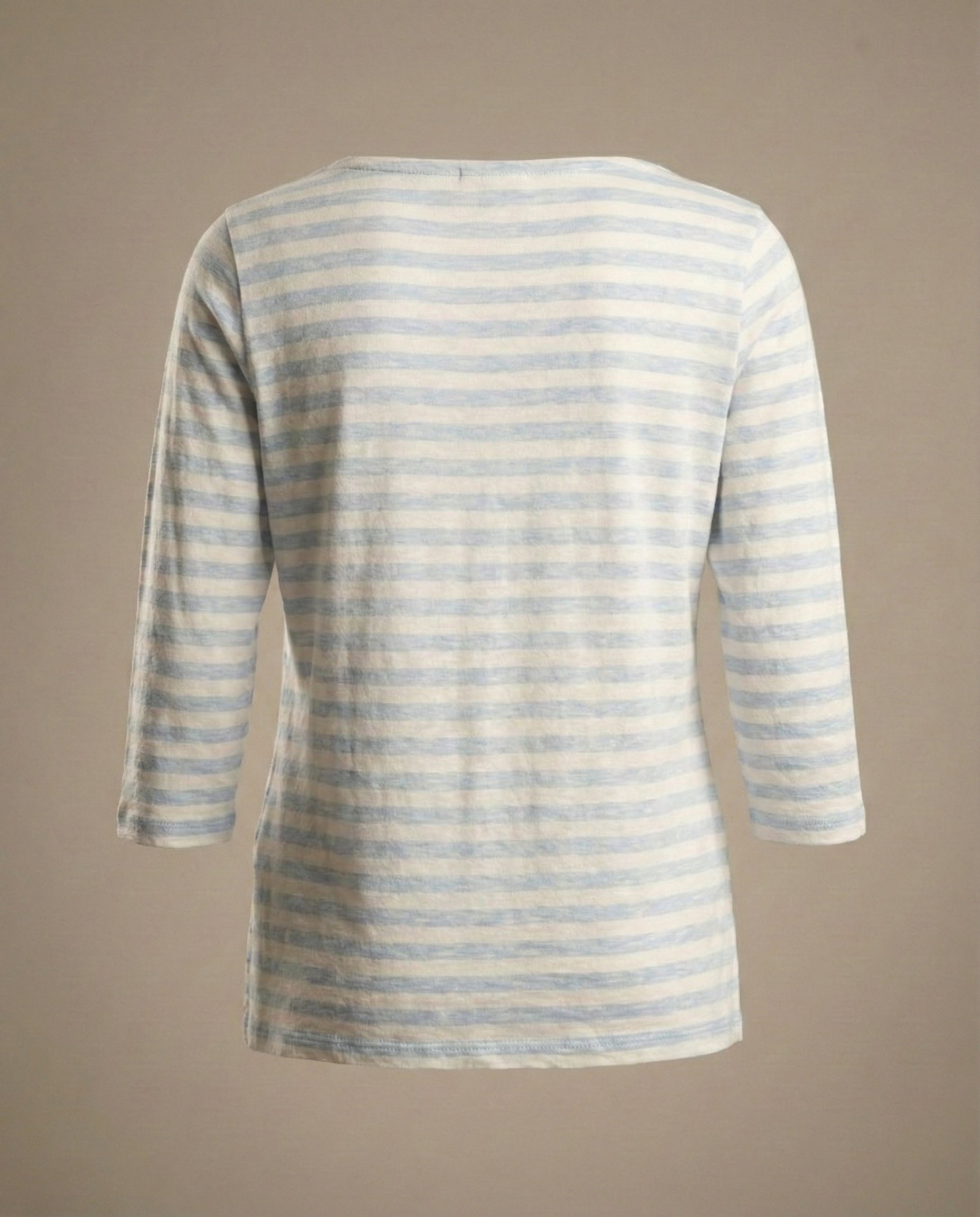 Light blue and white striped long sleeve shirt with crew neck, back view