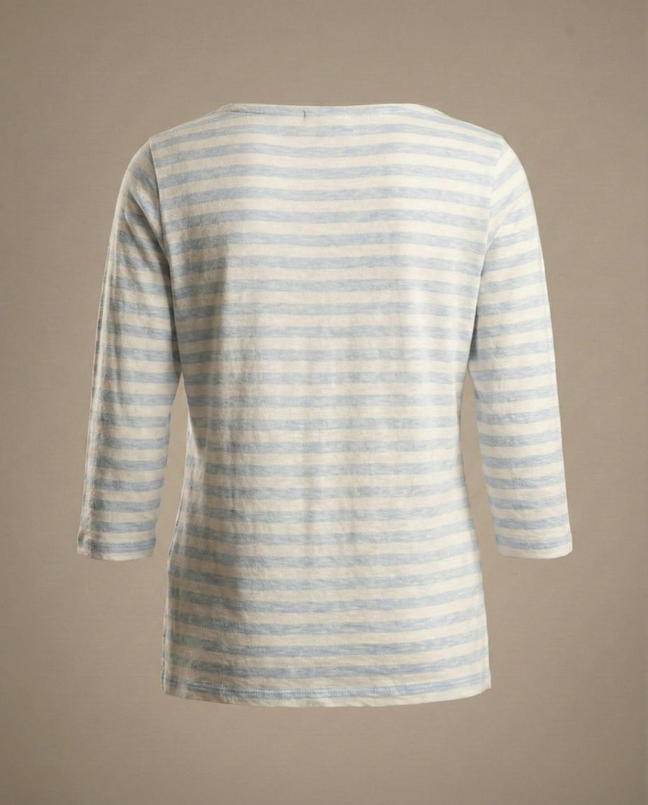 Light blue and white striped long sleeve shirt with crew neck, back view