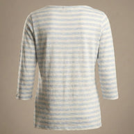 Light blue and white striped long sleeve shirt with crew neck, back view